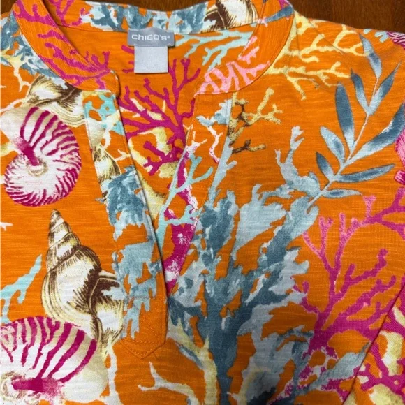Chico's Women’s 3/4 Sleeve Coral Cotton Slub Vneck Sharkbite Hem 1 Medium - Picture 4 of 14